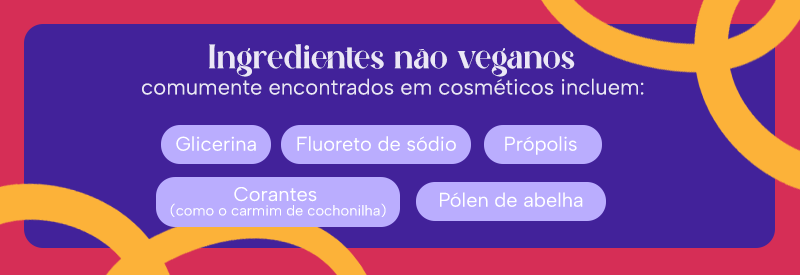 Ingredientes não veganos comumente encontrados em cosméticos incluem: 
Glicerina, fluoreto de sódio, corantes, como o carmim de cochonilha, própolis e pólen de abelha
