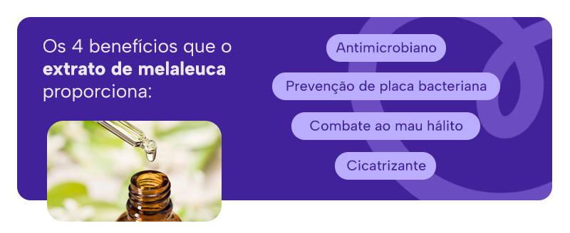 Os 4 benefícios que o extrato de melaleuca proporciona:
Antimicrobiano
Prevenção de placa bacteriana
Combate ao mau hálito
Cicatrizante
