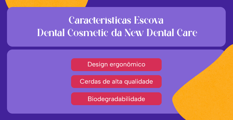 Características Escova Dental Cosmetic da New Dental Care
Design ergonômico
Cerdas de alta qualidade
Biodegradabilidade
