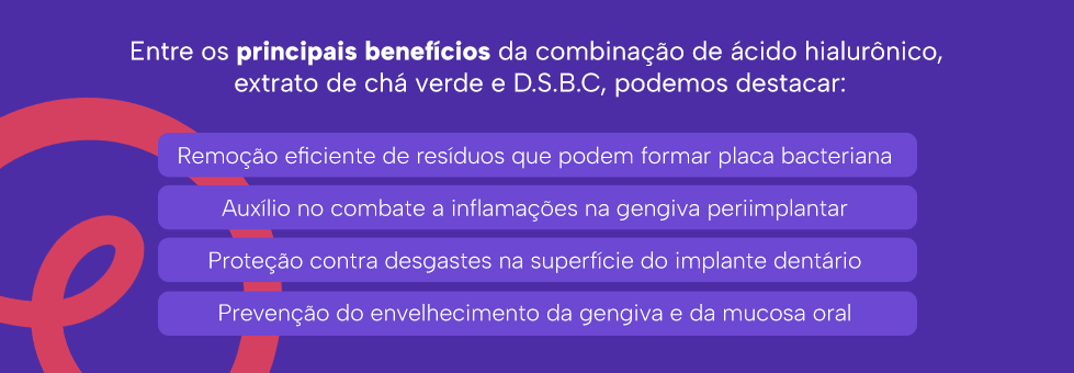 Entre os principais benefícios da combinação de ácido hialurônico, extrato de chá verde e D.S.B.C, podemos destacar:

Remoção eficiente de resíduos que podem formar placa bacteriana
Auxílio no combate a inflamações na gengiva periimplantar
Proteção contra desgastes na superfície do implante dentário
Prevenção do envelhecimento da gengiva e da mucosa oral 
