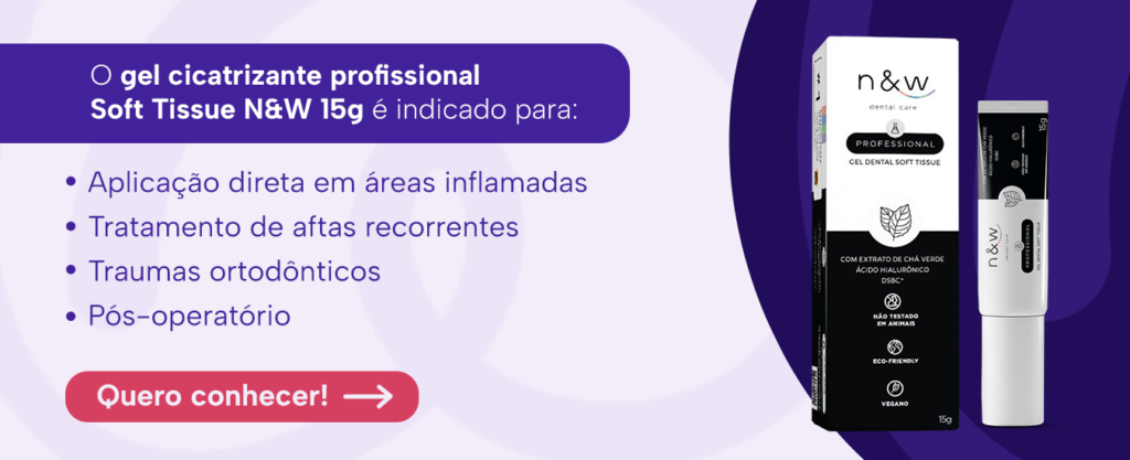 Cuidados pós-operatórios: o gel cicatrizante profissional Soft Tissue N&W 15g é indicado para:

Aplicação direta em áreas inflamadas
Tratamento de aftas recorrentes
Traumas ortodônticos
Pós-operatório