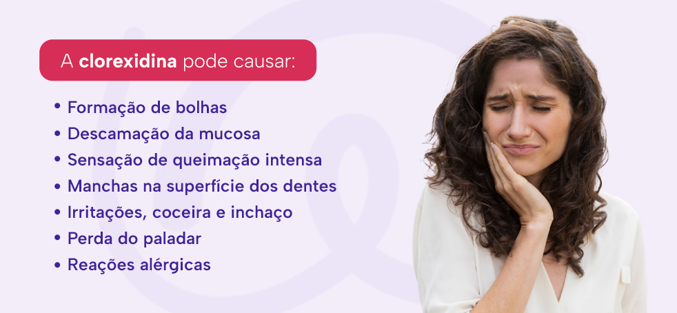 A clorexidina pode causar:
Formação de bolhas
Descamação da mucosa
Sensação de queimação intensa
Manchas na superfície dos dentes
Irritações, coceira e inchaço
Perda do paladar
Reações alérgicas
