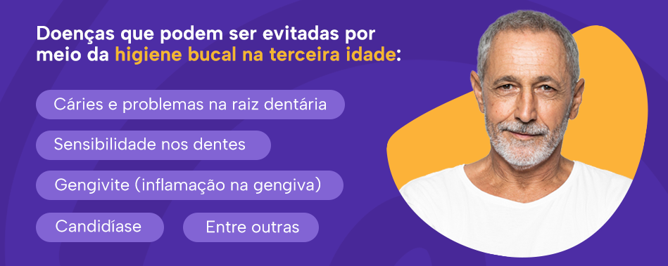 Doenças que podem ser evitadas por meio da higiene bucal na terceira idade:
Cáries e problemas na raiz dentária
Sensibilidade nos dentes
Gengivite (inflamação na gengiva)
Candidíase
Entre outras