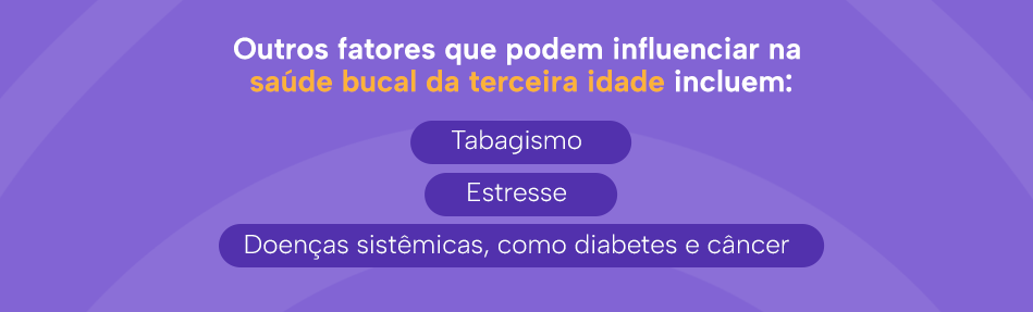 Outros fatores que podem influenciar na saúde bucal da terceira idade incluem:
Tabagismo
Estresse
Doenças sistêmicas, como diabetes e câncer
