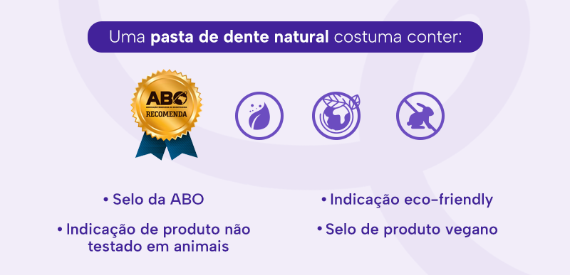 Uma pasta de dente natural costuma conter:

Selo da ABO
Indicação de produto não testado em animais
Indicação eco-friendly
Selo de produto vegano