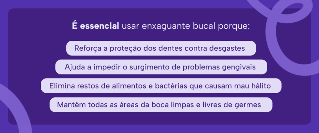 É essencial usar enxaguante bucal porque: 
Reforça a proteção dos dentes contra desgastes
Ajuda a impedir o surgimento de problemas gengivais
Elimina restos de alimentos e bactérias que causam mau hálito
Mantém todas as áreas da boca limpas e livres de germes 