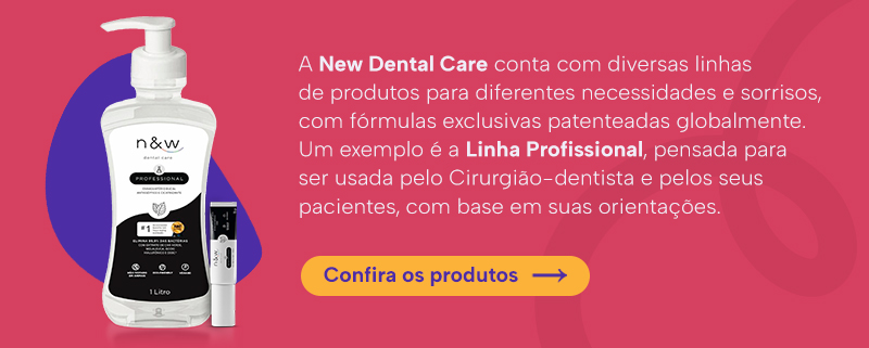 A New Dental Care conta com diversas linhas de produtos para diferentes necessidades e sorrisos, com fórmulas exclusivas patenteadas globalmente. Um exemplo é a Linha Profissional, pensada para ser usada pelo Cirurgião-dentista e pelos seus pacientes, com base em suas orientações.